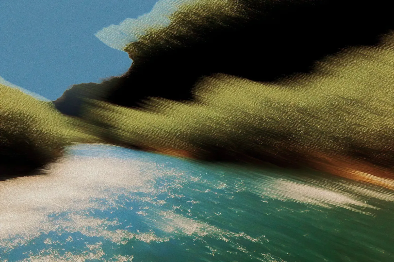Painterly rendering of a coastline seen from above — Grok Bot launch artwork